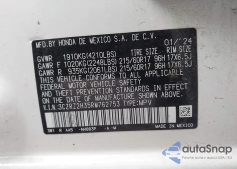 2024 Honda Hr-V Awd Lx z USA, uszkodzony, nr VIN 3CZRZ2H35RM762753